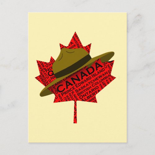 Canadian Mountie Hat on Red Maple Leaf Postcard