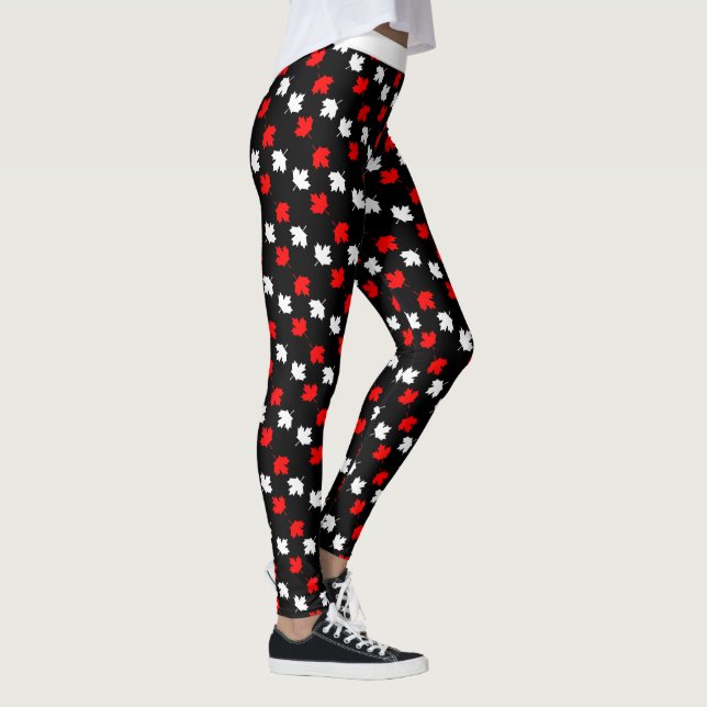 CANADIAN Patriot Red and White Maple on BLACK Leggings (Right)