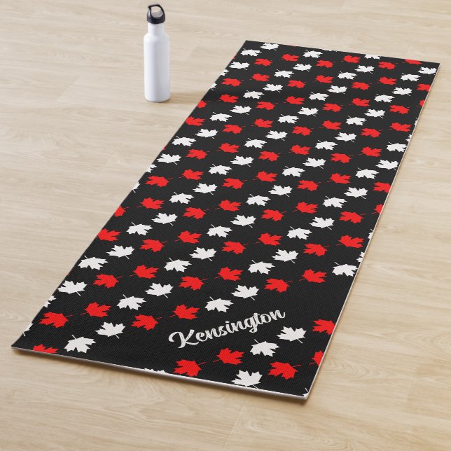 CANADIAN Patriot Red and White Maple on BLACK Yoga Mat (In Situ)