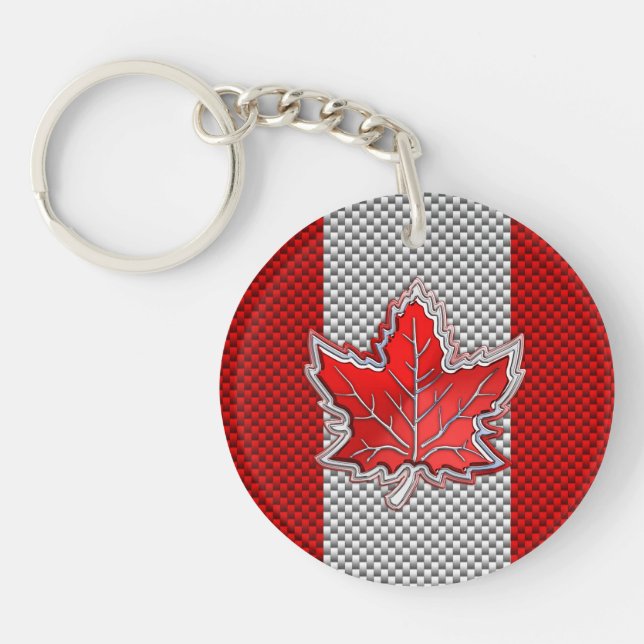 Canadian Red Maple Leaf Carbon Fiber retro style Keychain (Front)