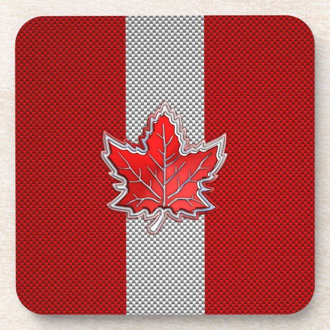 Canadian Red Maple Leaf in Carbon Fiber looks Drink Coaster (Front)