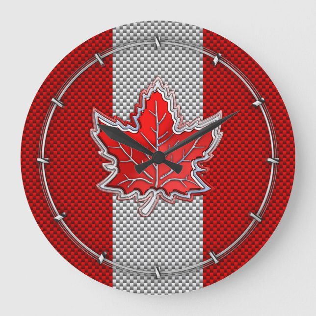 Canadian Red Maple Leaf in Carbon Fiber looks Large Clock (Front)