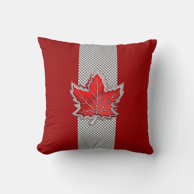Canadian Red Maple Leaf in Carbon Fiber looks Throw Pillow (Front)