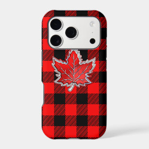 Canadian Red Maple Leaf on Buffalo Plaid Pattern iPhone 17 Pro Case