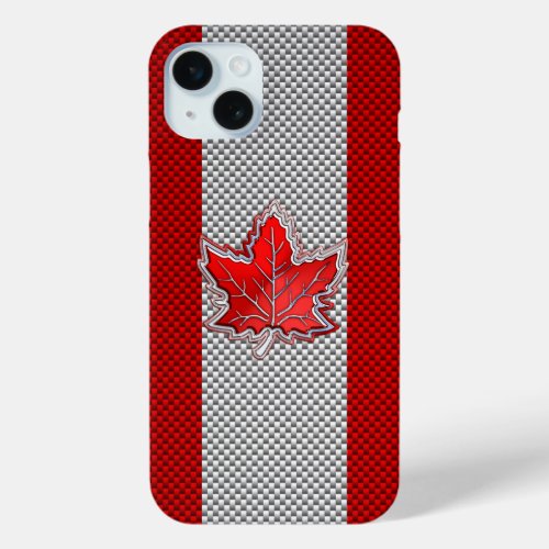 Canadian Red Maple Leaf on Carbon Fiber Print iPhone 15 Plus Case