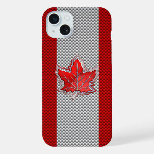 Canadian Red Maple Leaf on Carbon Fiber Print iPhone 15 Plus Case