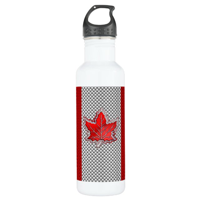 Canadian Red Maple Leaf on Carbon Fiber Print Stainless Steel Water Bottle (Front)