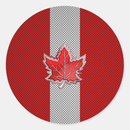 Canadian Red Maple Leaf on Carbon Fiber style Classic Round Sticker