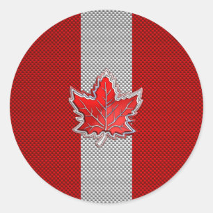 Canadian Red Maple Leaf on Carbon Fiber style Classic Round Sticker