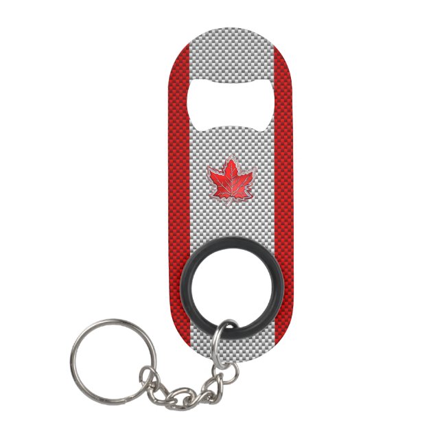 Canadian Red Maple Leaf on Carbon Fiber style Keychain Bottle Opener (Front)