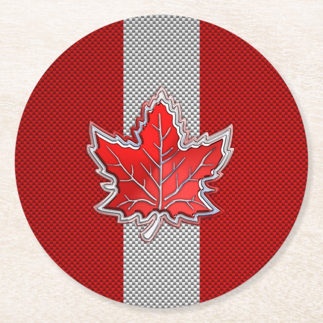 Canadian Red Maple Leaf on Carbon Fiber style Round Paper Coaster (Front)