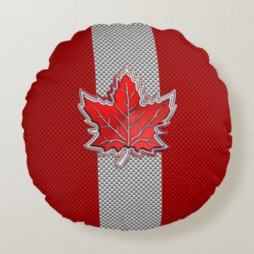 Canadian Red Maple Leaf on Carbon Fiber style Round Pillow