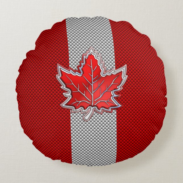 Canadian Red Maple Leaf on Carbon Fiber style Round Pillow (Front)