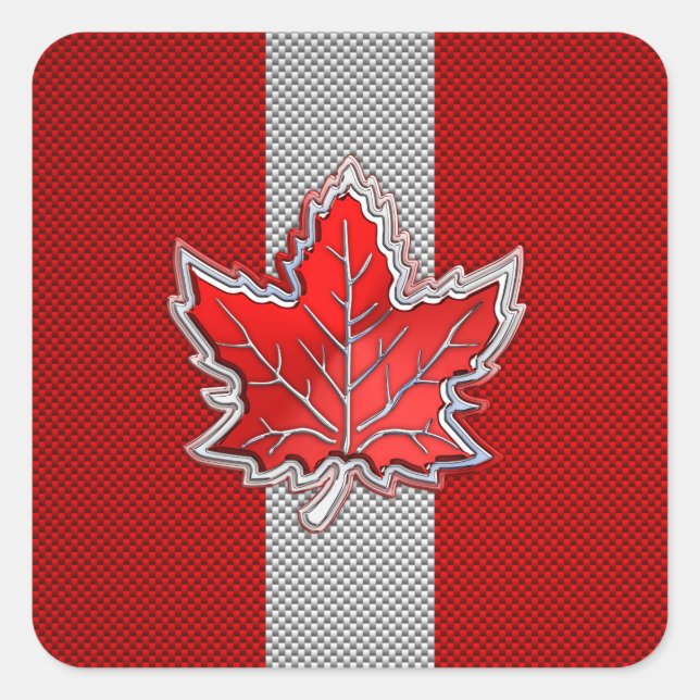 Canadian Red Maple Leaf on Carbon Fiber style Square Sticker (Front)