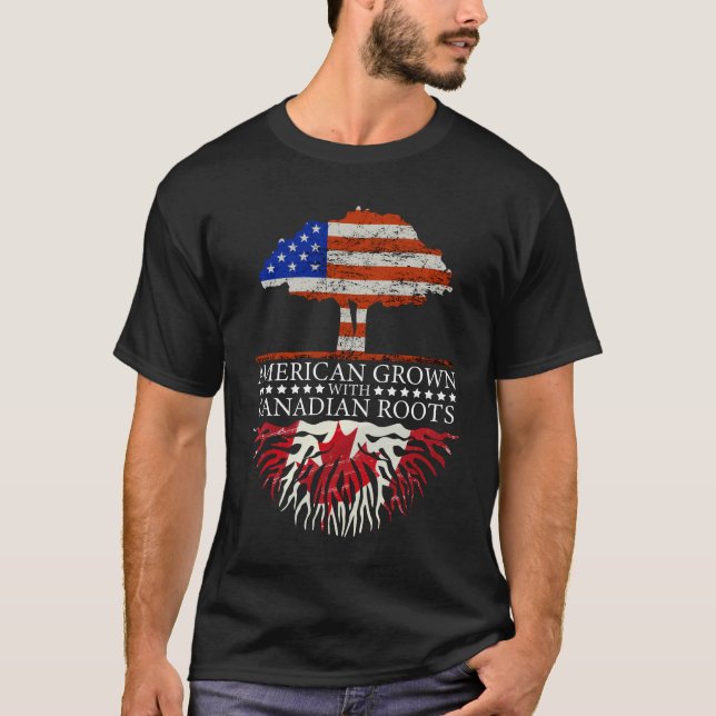 Canadian Roots American Grown Tree Flag USA Canada T-Shirt (Front)