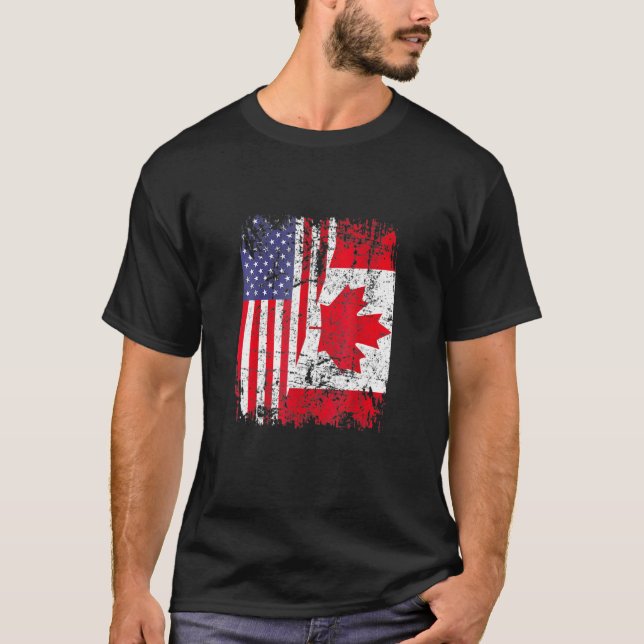 Canadian Roots Half American Flag Canada T-Shirt (Front)