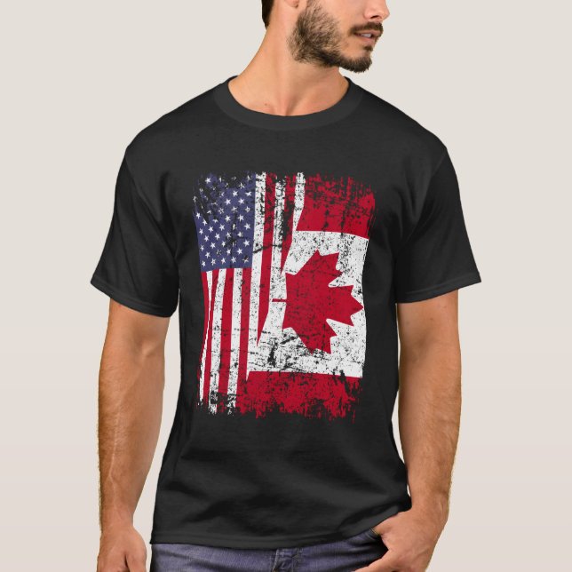 Canadian Roots Half American Flag Canada T-Shirt (Front)