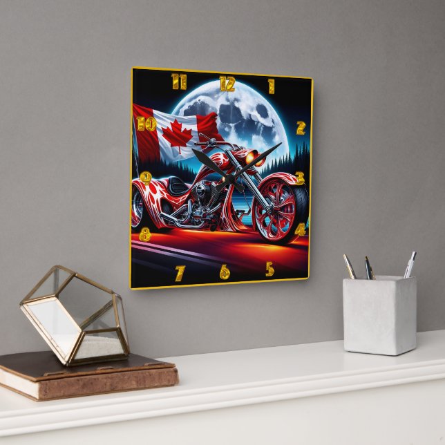 Canadian spirit rides at night on a custom chopper square wall clock (Office)