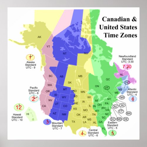 Canadian  United States Political Time Zone Map Poster
