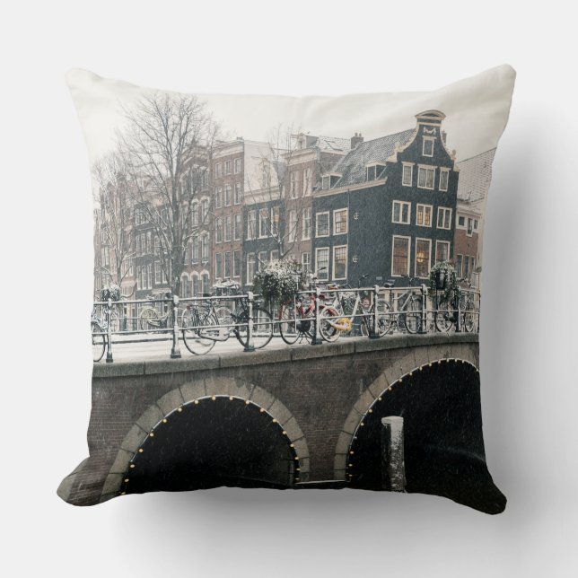 Canal in Amsterdam in winter Throw Pillow (Front)