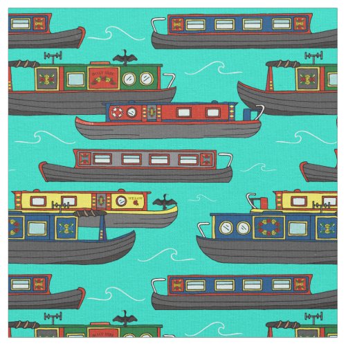 Canal Narrow Boats and Barges Pattern Fabric