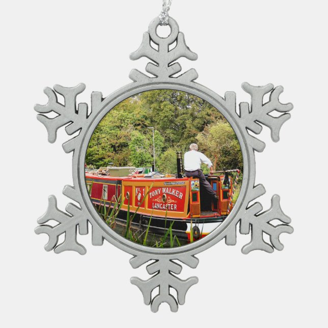 CANAL NARROWBOATS SNOWFLAKE PEWTER CHRISTMAS ORNAMENT (Front)