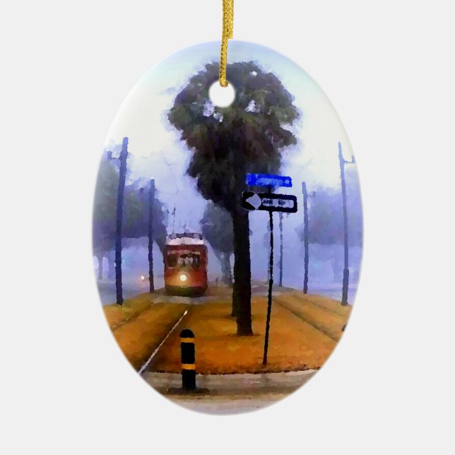 Canal Streetcar Foggy Morning Happy Holidays Ceramic Ornament (Front)