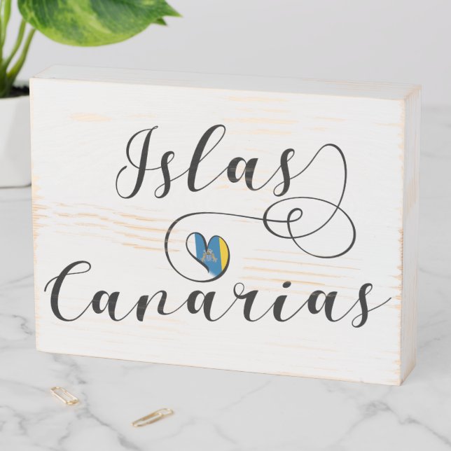 Canary Islands Flag Heart, Islas Canarias Wooden Box Sign (In Situ Horizontal)