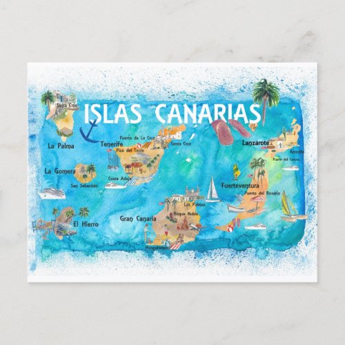 Canary Islands Illustrated Travel Map  Holiday Postcard