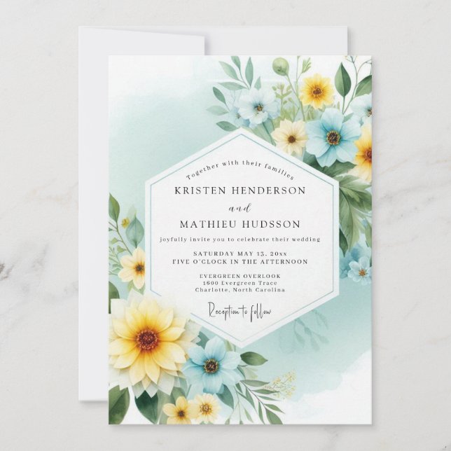 Canary Teal Painterly Flora Wedding Invitation (Front)