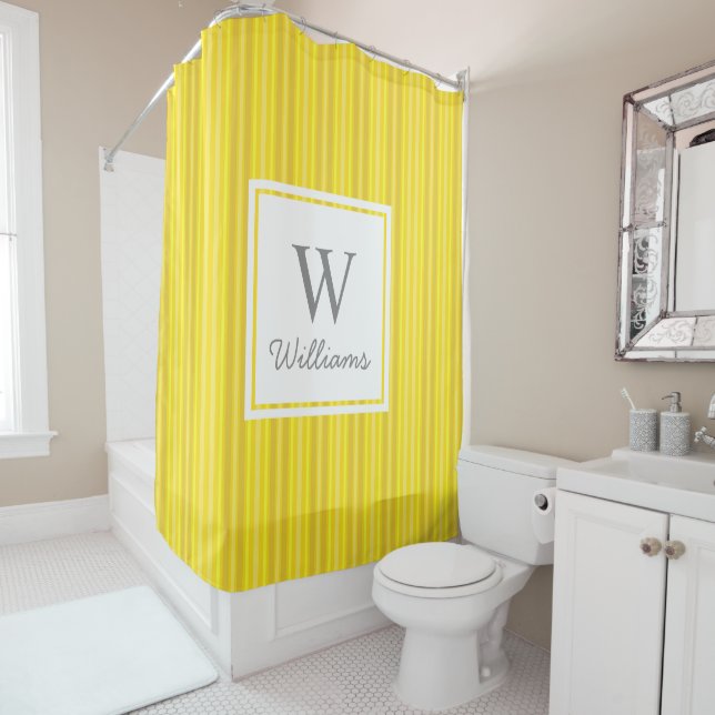 Canary Yellow Pinstripes Grey Monogram Shower Curtain (In Situ)