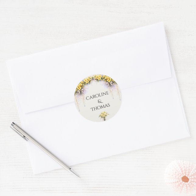 Canary Yellow Romantic Freesia  Floral Wedding Classic Round Sticker (Envelope)