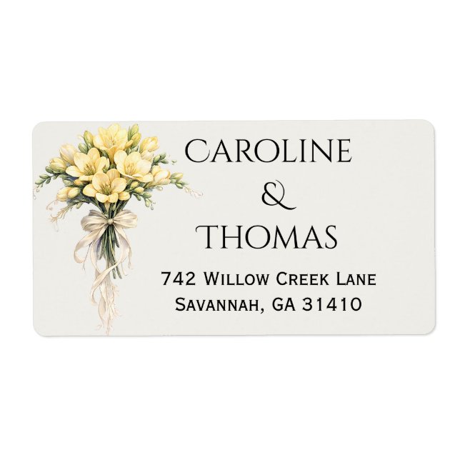 Canary Yellow Romantic Freesia  Floral Wedding Label (Front)