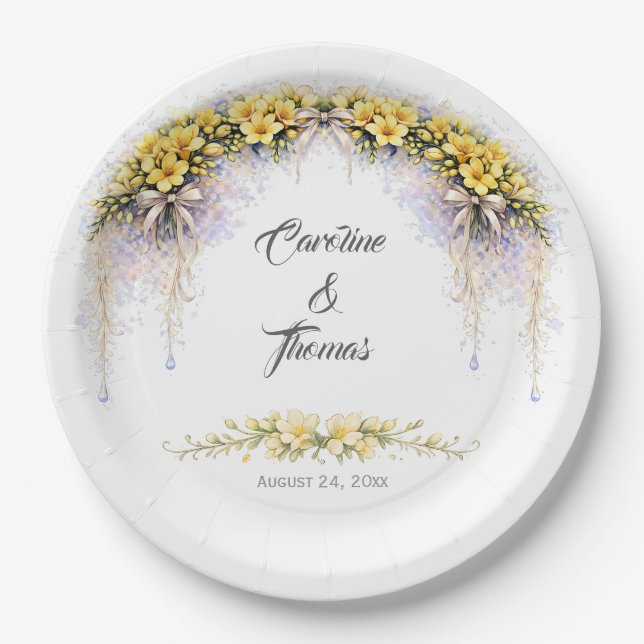 Canary Yellow Romantic Freesia  Floral Wedding Paper Plates (Front)