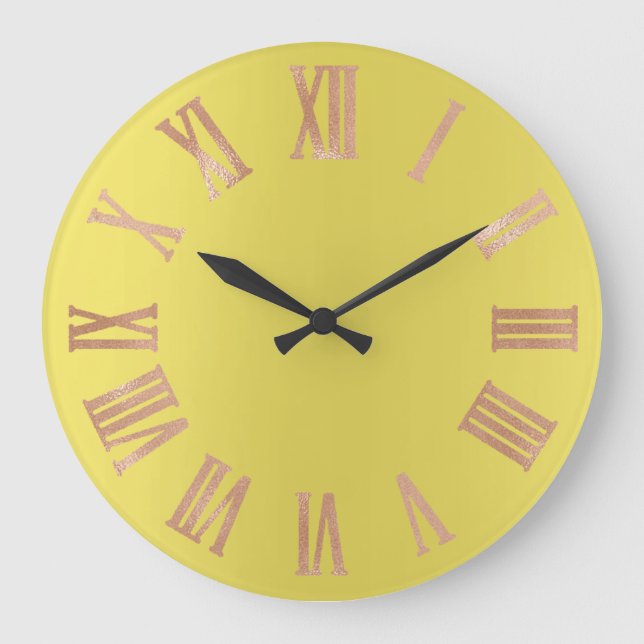 Canary Yellow Rose Gold Metallic Roman Numbers Large Clock (Front)