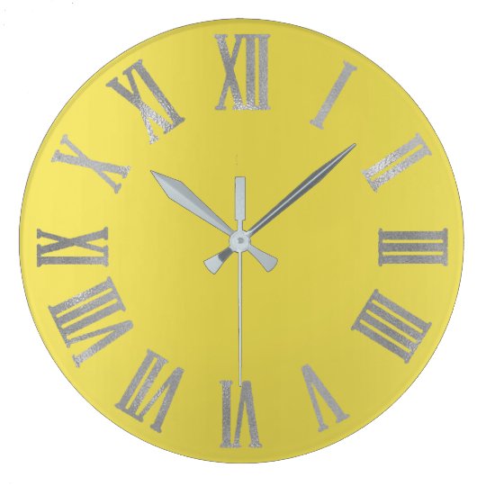 Canary Yellow Silver Gray Metallic Roman Numers Large Clock