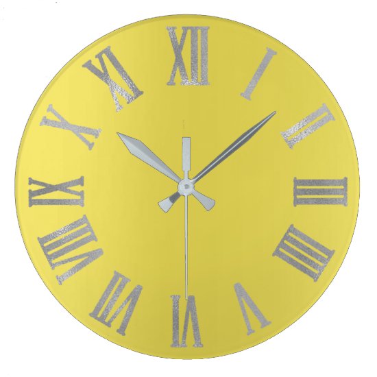 Canary Yellow Silver Gray  Metallic Roman Numers Large Clock