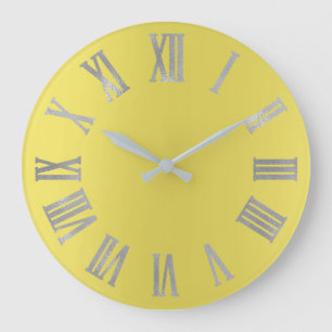 Canary Yellow Silver Gray Metallic Roman Numers Large Clock