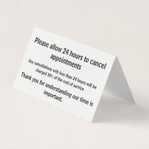 Cancelation policy business card