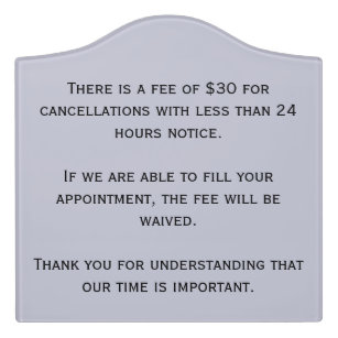Cancelation policy poster for salon or spa door sign