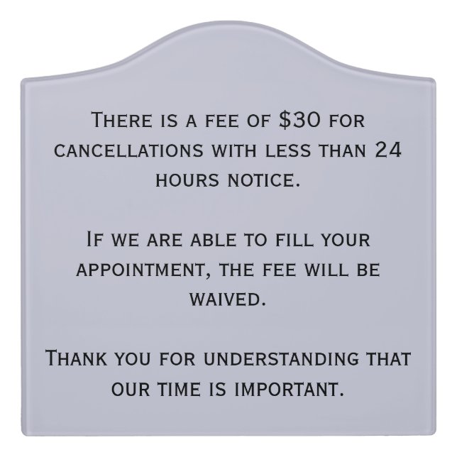 Cancelation policy poster for salon or spa door sign (Large Crest Front)