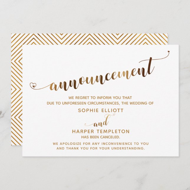 Canceled Wedding Gold Heart Script Announcement (Front/Back)