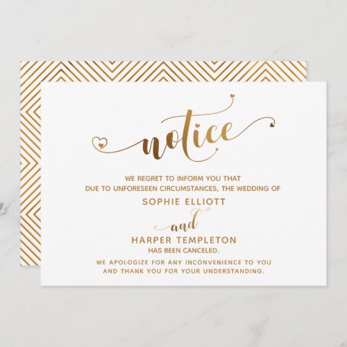 Canceled Wedding Notice Gold Hearts Script Card