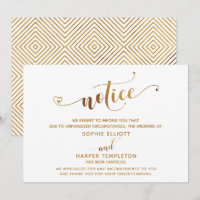 Canceled Wedding Notice Gold Hearts Script Card