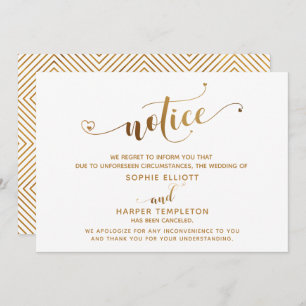 Canceled Wedding Notice Gold Hearts Script Card
