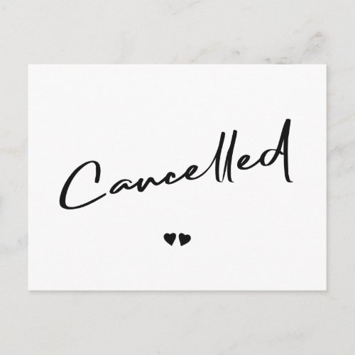 Cancelled black and white cancel announcement postcard