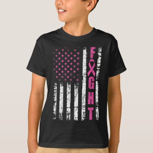 Cancer Awareness American Flag Fight Pink Ribbon  T_Shirt