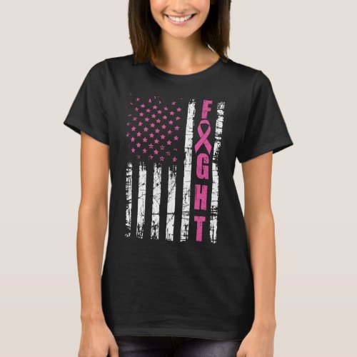 Cancer Awareness American Flag Fight Pink Ribbon  T_Shirt