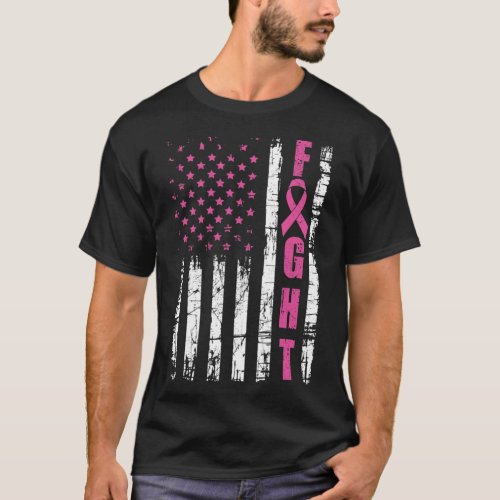 Cancer Awareness American Flag Fight Pink Ribbon  T_Shirt