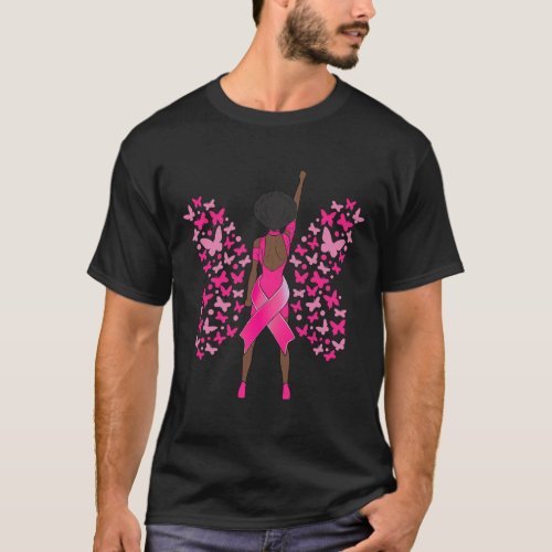 Cancer Awareness Pink Butterflies African American T_Shirt